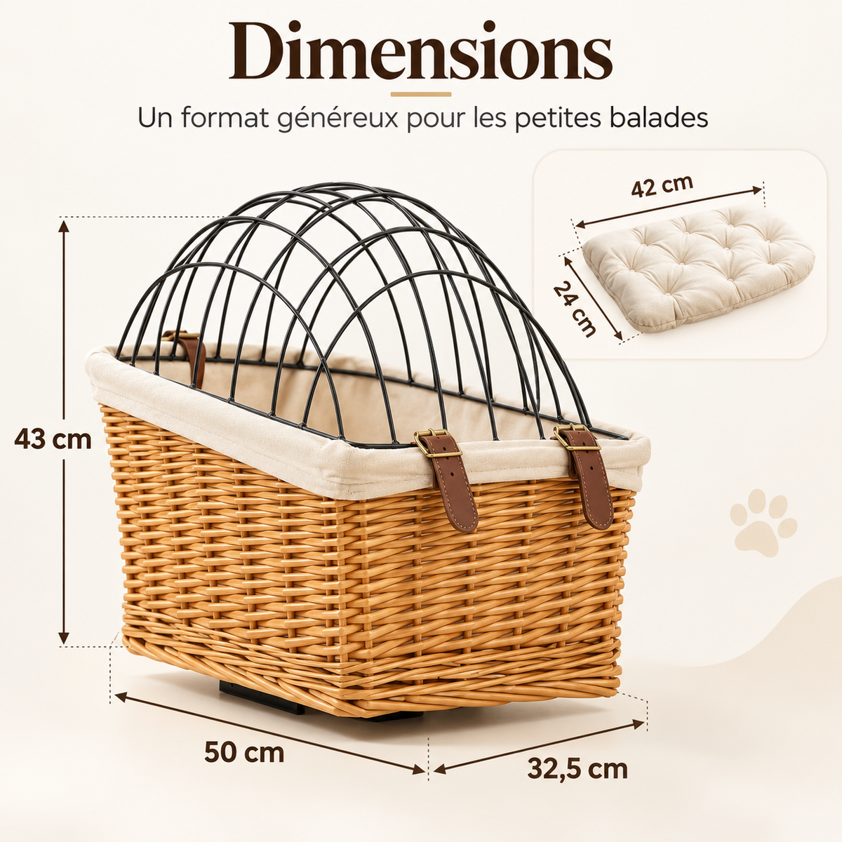 Dimensions du panier de vélo en rotin tressé pour chien, 50 x 32,5 x 43 cm