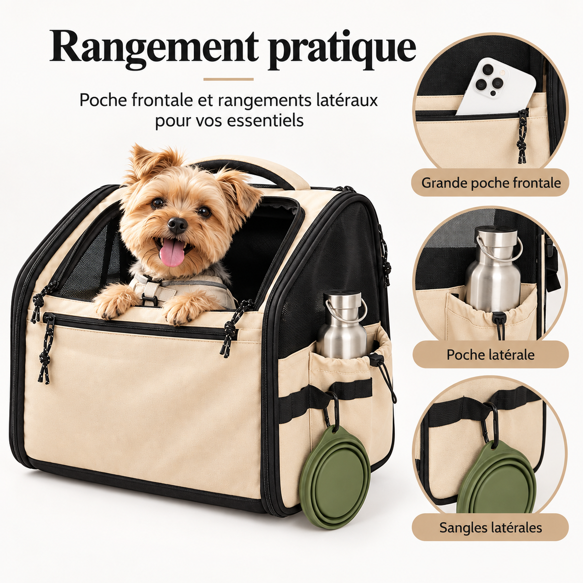 Poche frontale et rangements latéraux du panier de vélo pour chien