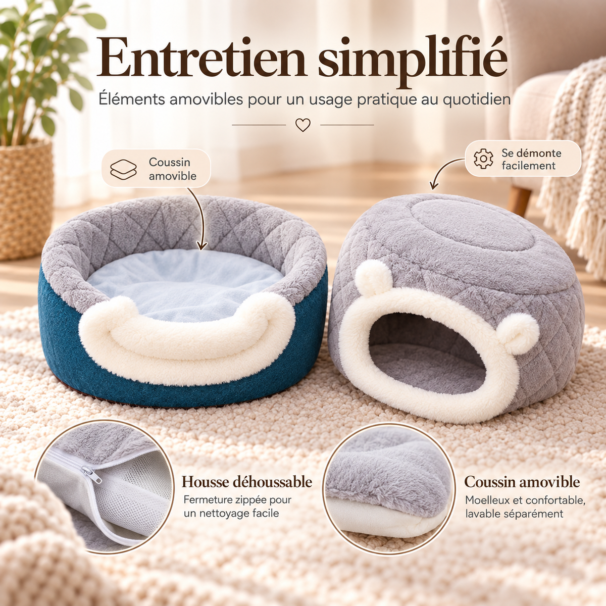 Panier cocon 2-en-1 PaniHome — coussin amovible et housse déhoussable, entretien simplifié