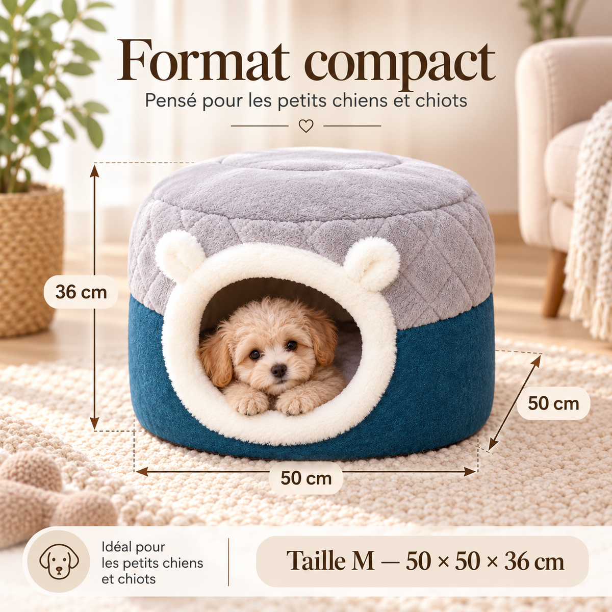 Panier cocon 2-en-1 PaniHome — format compact 50 x 50 x 36 cm, idéal petits chiens et chiots