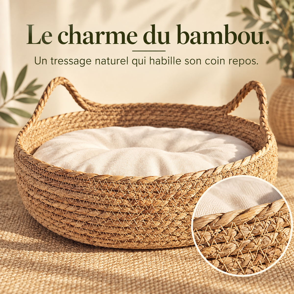 Gros plan sur le tressage naturel en bambou du panier PaniHome