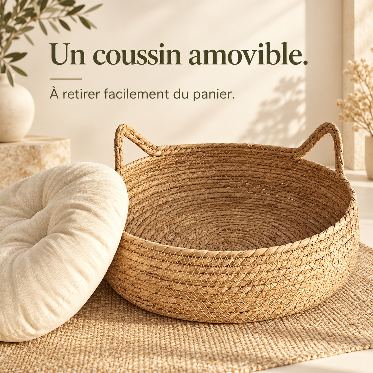 Coussin amovible retiré du panier rond en bambou PaniHome