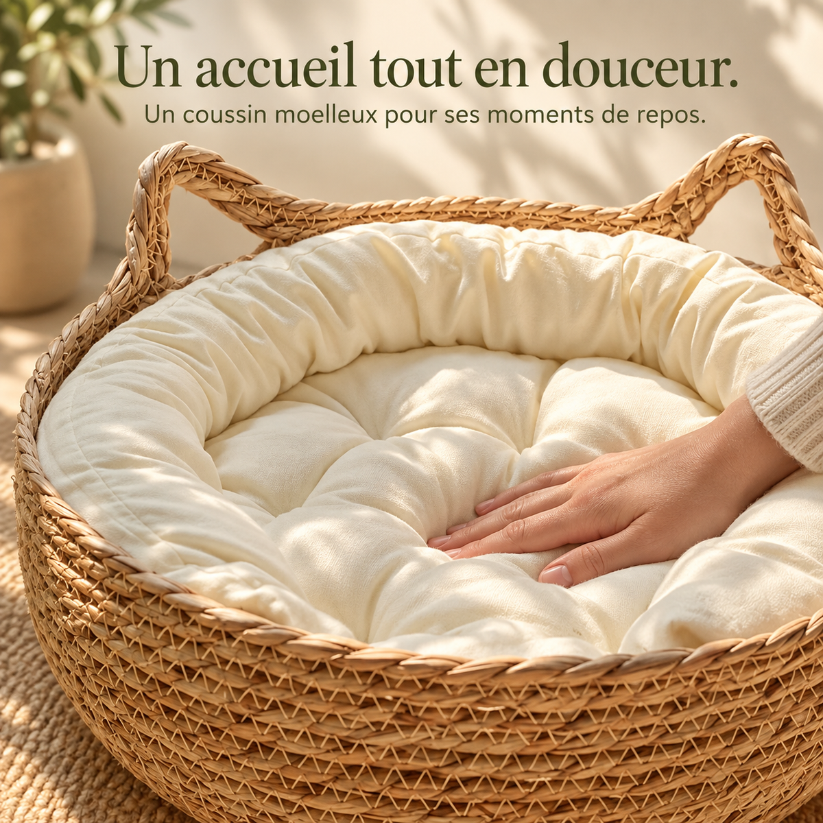 Main pressée sur le coussin moelleux du panier rond en bambou PaniHome