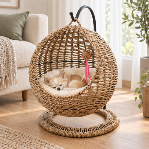 Chihuahua endormi et blotti dans le nid en osier tressé
