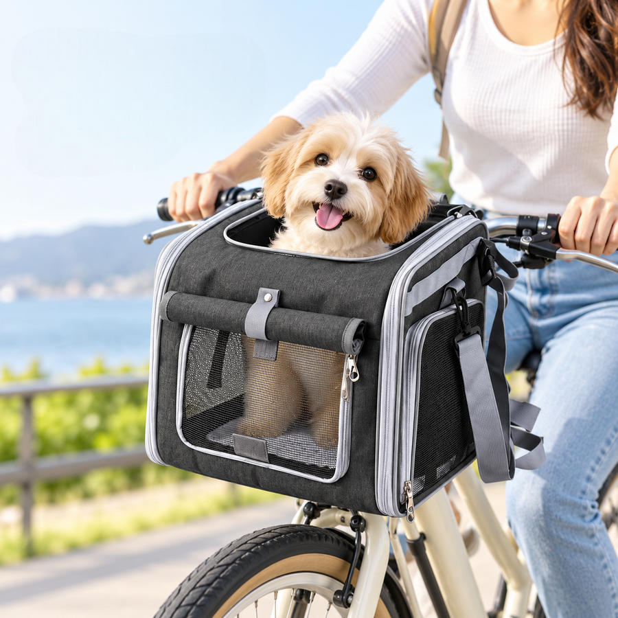 Panier de vélo pour chien, chien installé sur le vélo au bord de l'eau
