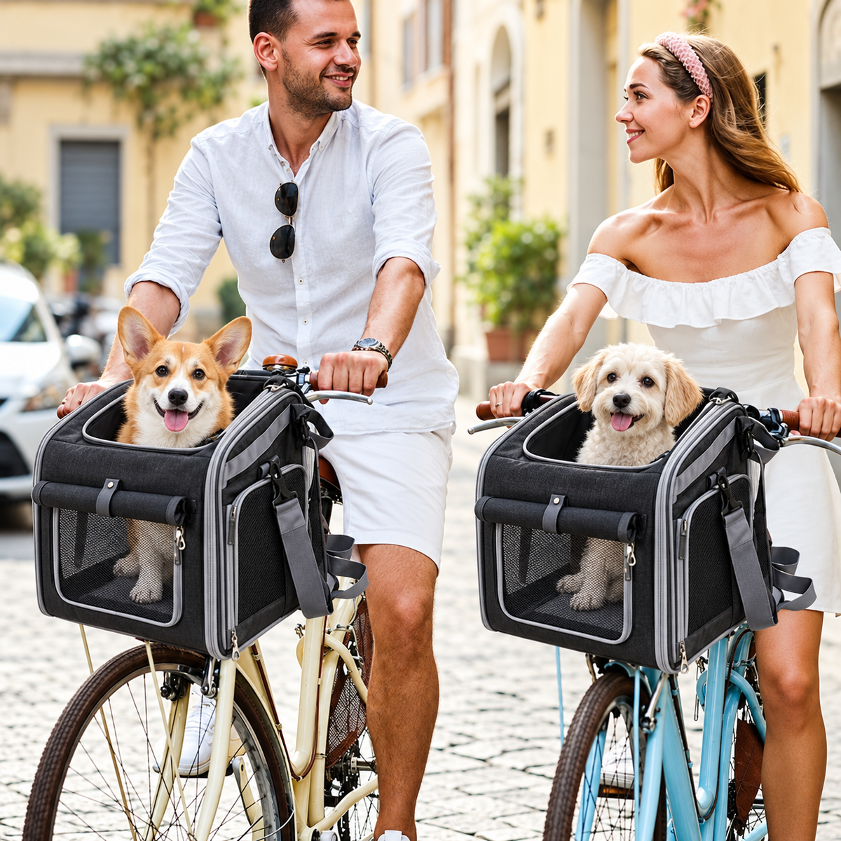 Panier de vélo pour chien, couple en balade à vélo avec leurs chiens