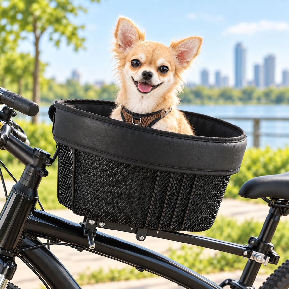 Panier de vélo pour chien en métal, chihuahua souriant installé dedans