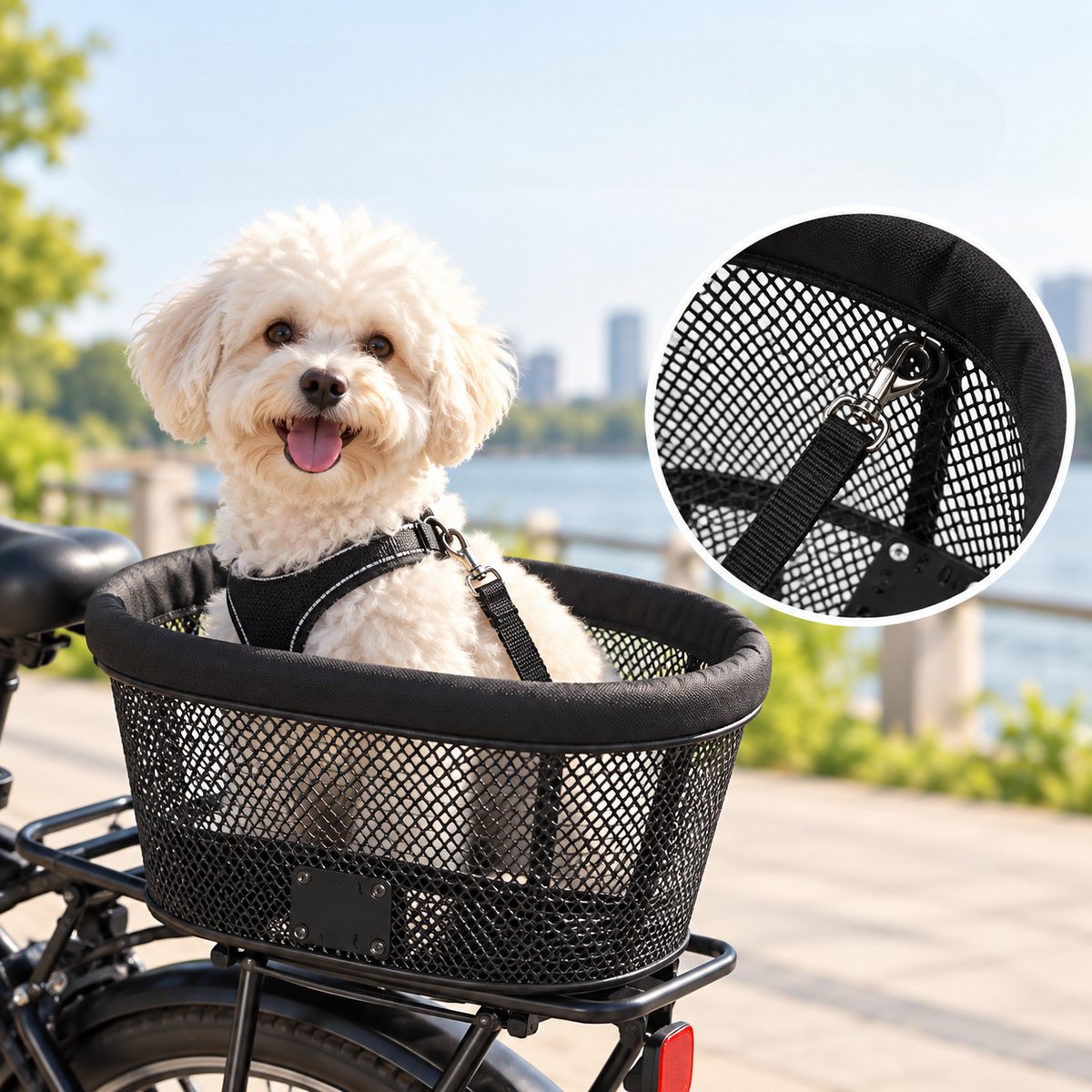 Panier de vélo pour chien en métal, chien installé avec sangle de sécurité attachée