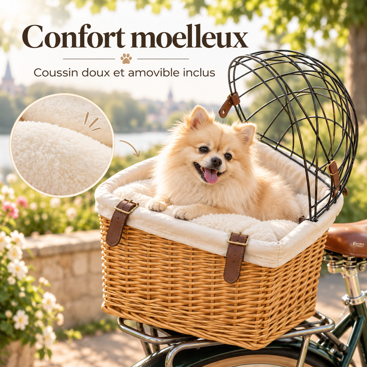 Coussin moelleux amovible du panier de vélo en rotin pour chien