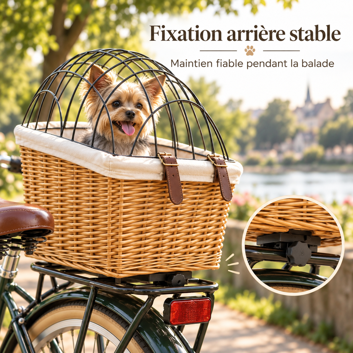 Fixation arrière stable du panier de vélo en rotin sur le porte-bagages