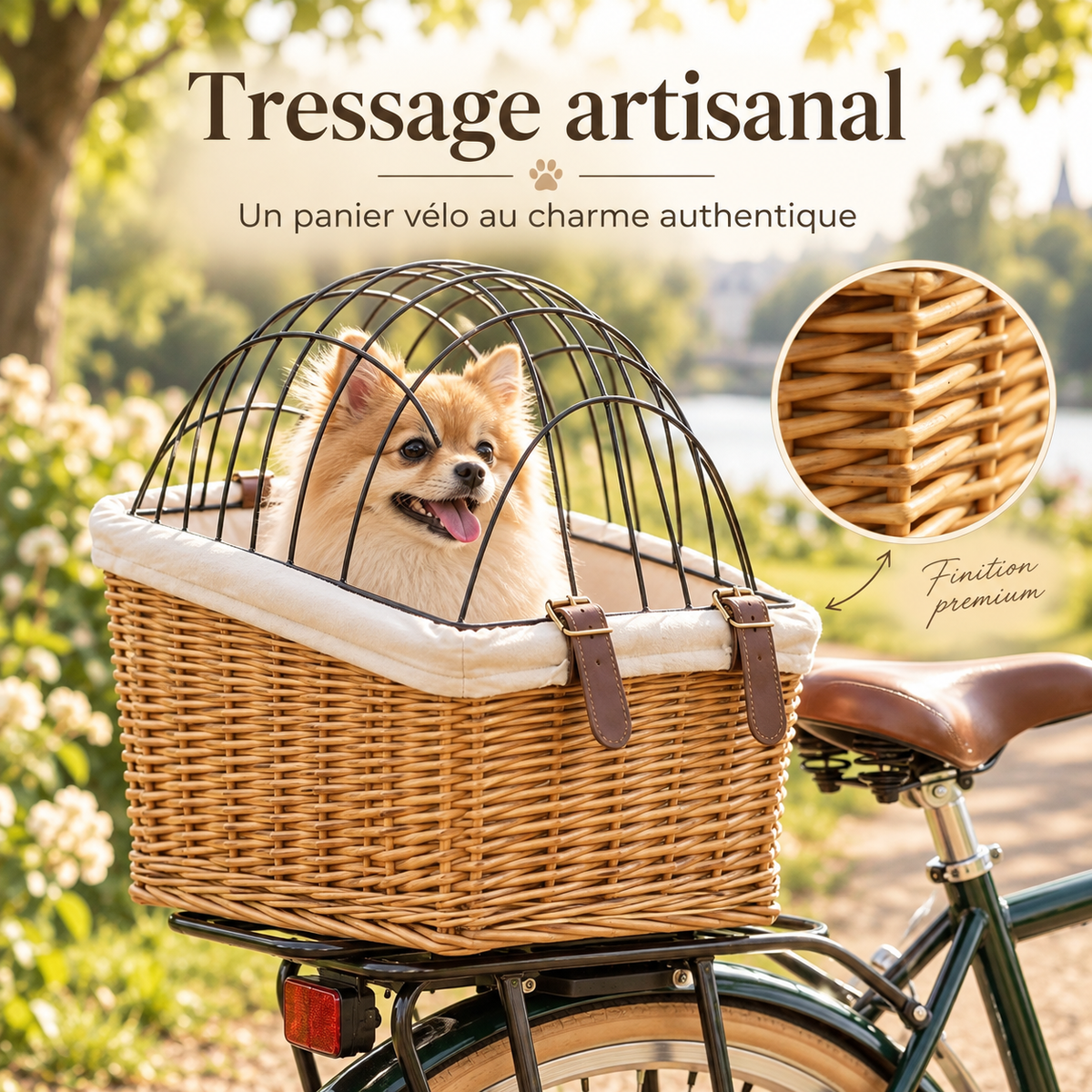 Panier de vélo pour chien en rotin tressé à la main, tressage artisanal
