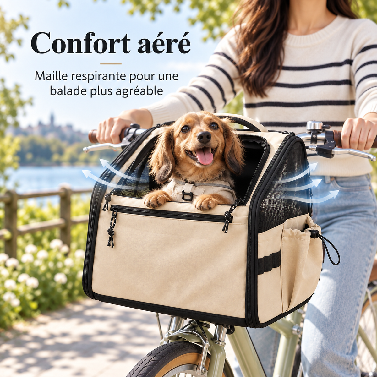 Panier de vélo pour chien avec maille respirante, confort aéré en balade