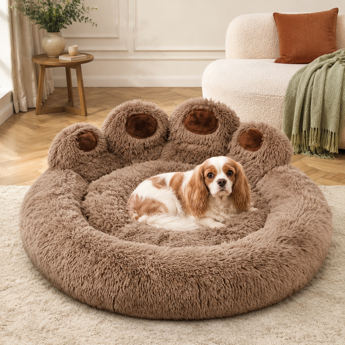 Cavalier King Charles assis dans le panier en forme de patte PaniHome
