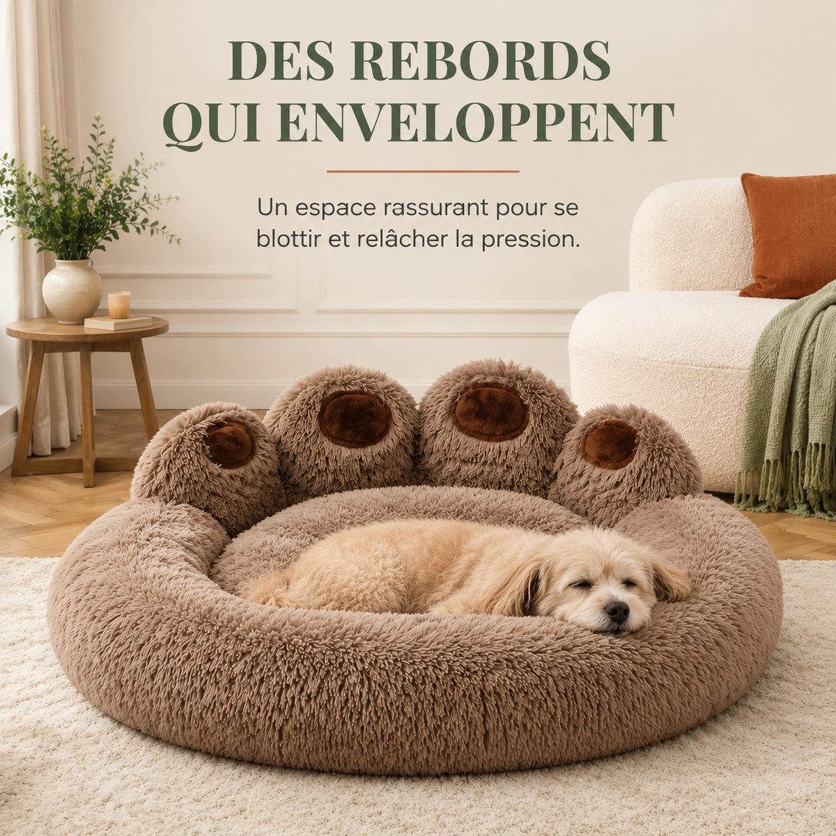 Chien lové dans les rebords enveloppants du panier en forme de patte
