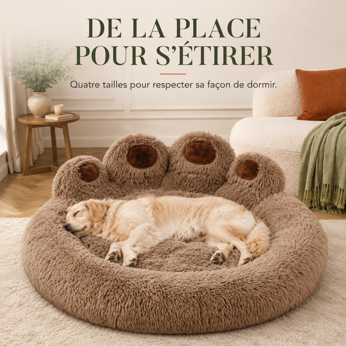 Golden retriever allongé dans le panier en forme de patte, quatre tailles disponibles