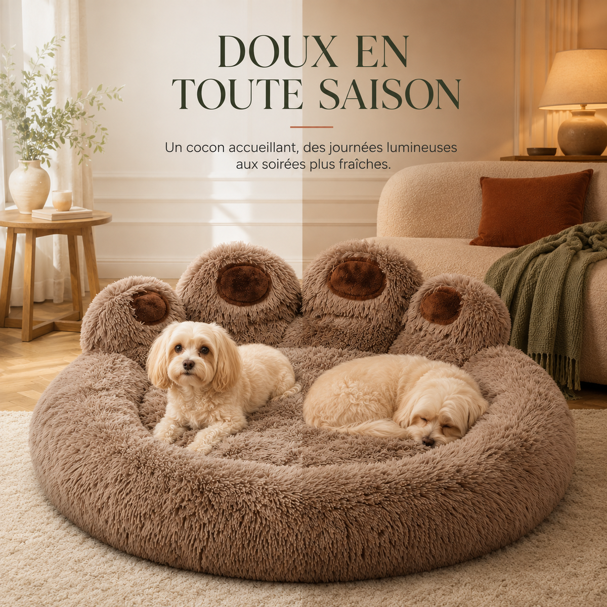 Deux chiens installés dans le panier en forme de patte, jour et soir