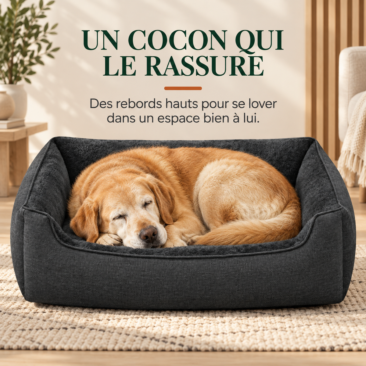Chien endormi lové dans un panier grand format aux rebords hauts, dans un salon lumineux