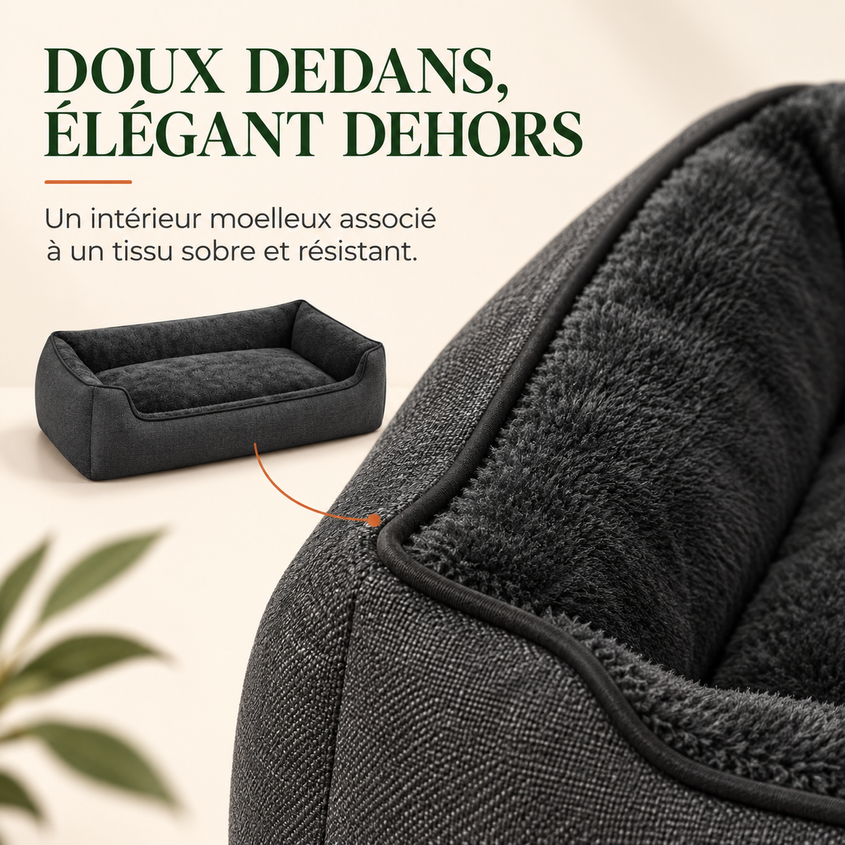 Détail du tissu façon lin à l'extérieur et de l'intérieur moelleux en peluche du panier