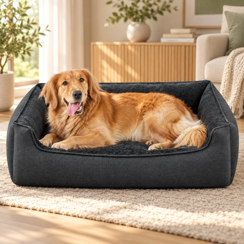 Panier pour chien grand format aux rebords rehaussés, tissu gris tourterelle, avec un golden retriever installé confortablement