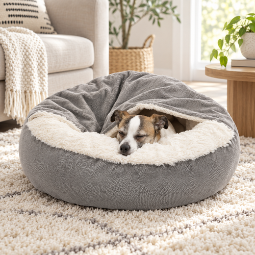 Niche fermée velours côtelé pour chien, vue produit ambiance