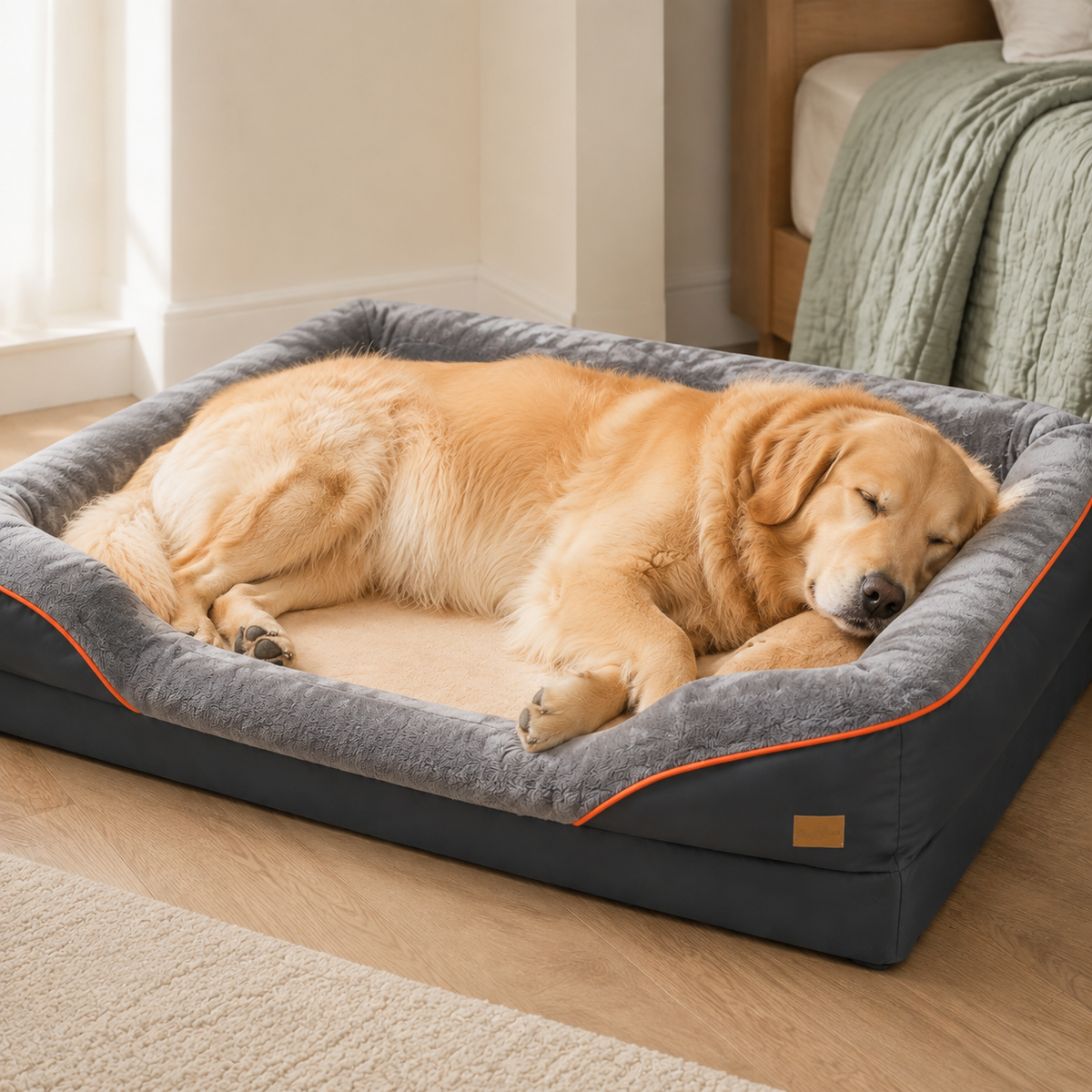 Golden retriever endormi dans le panier orthopédique 4 rebords, dans une chambre