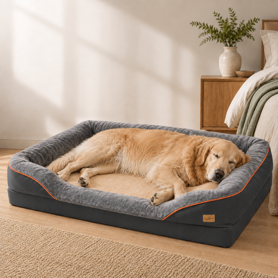 Golden retriever endormi dans le panier orthopédique, illustrant le soutien pour grand chien