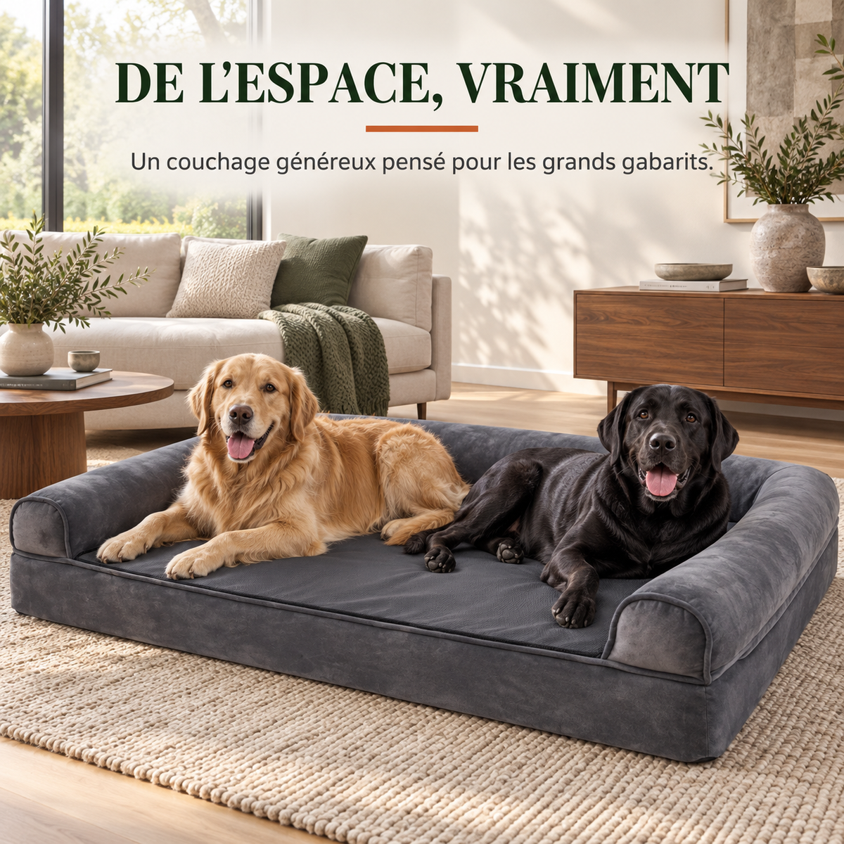 Deux grands chiens allongés côte à côte sur le panier orthopédique grand format