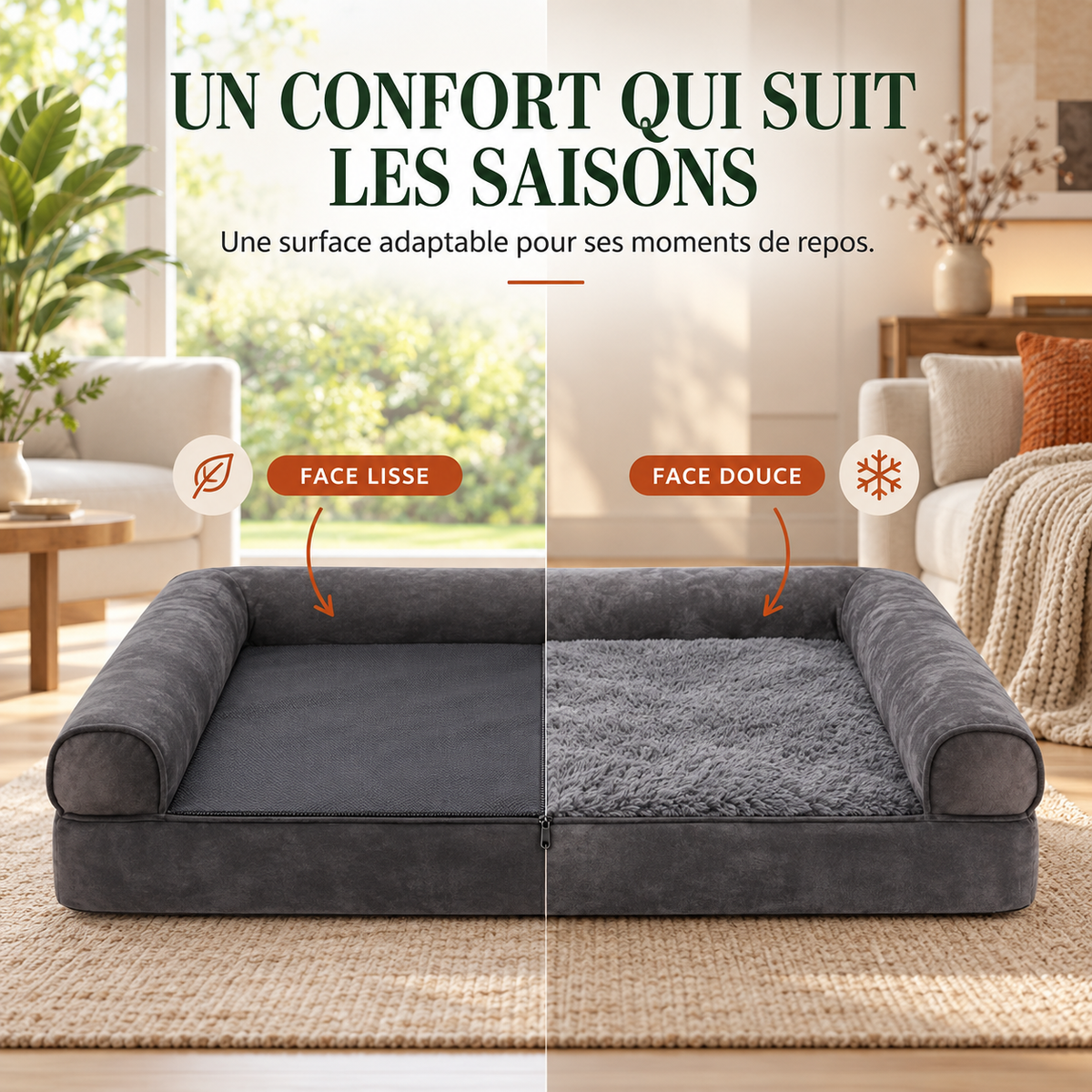 Face réversible du panier orthopédique pour chien : face lisse et face douce