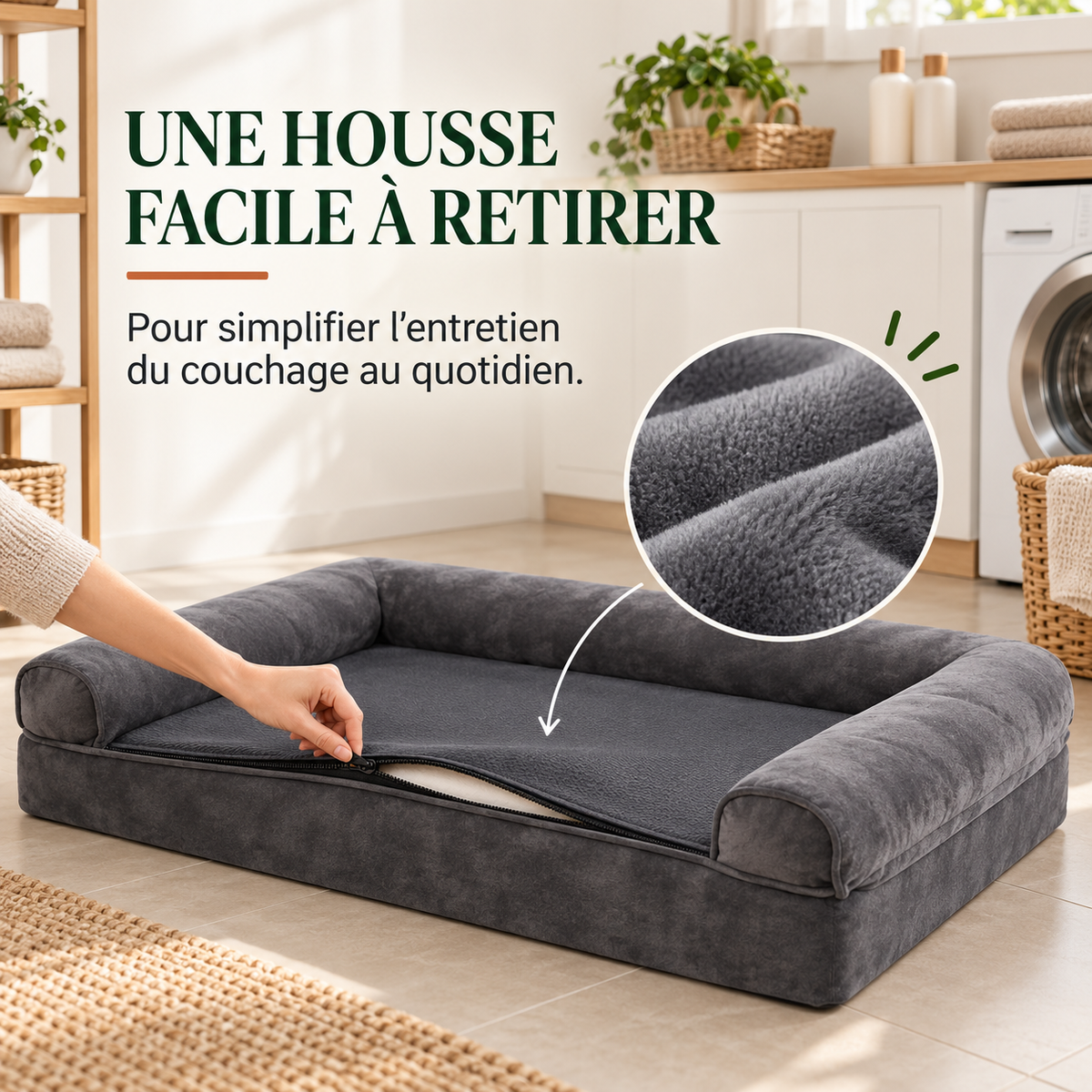 Housse du panier orthopédique pour chien retirée via un zip dissimulé
