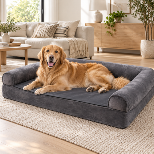 Golden Retriever installé sur le panier orthopédique gris pour chien, salon lumineux