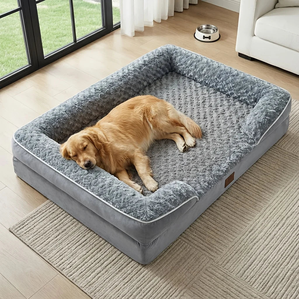Golden retriever allongé dans le panier orthopédique gris, dans un salon avec baie vitrée et gamelle à proximité