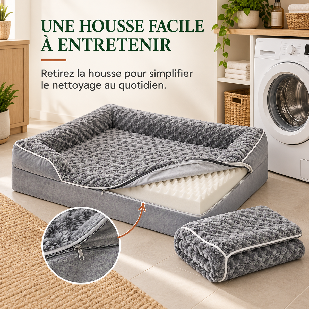 Housse du panier orthopédique ouverte par une fermeture éclair, montrant la mousse alvéolée amovible pour un lavage facile