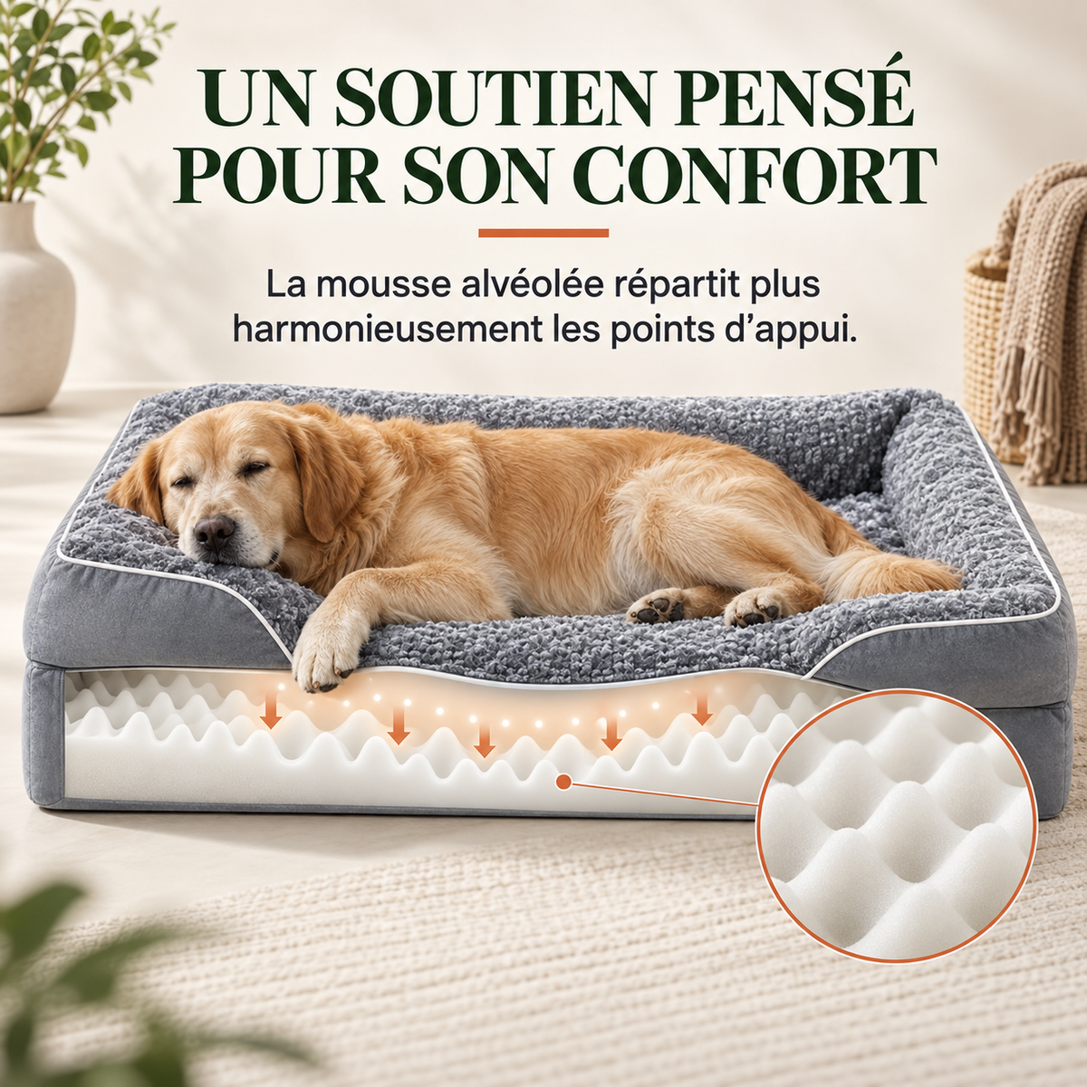 Coupe du panier orthopédique montrant la mousse alvéolée qui répartit harmonieusement les points d'appui sous le chien