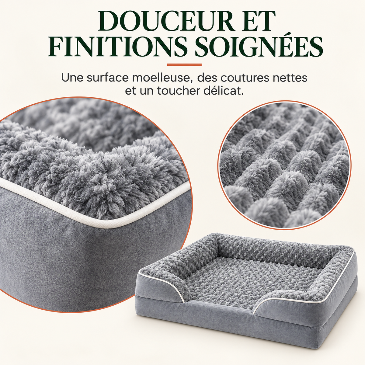 Vue éclatée du panier orthopédique : rebords rembourrés, surface ultra-douce, mousse alvéolée et base antidérapante