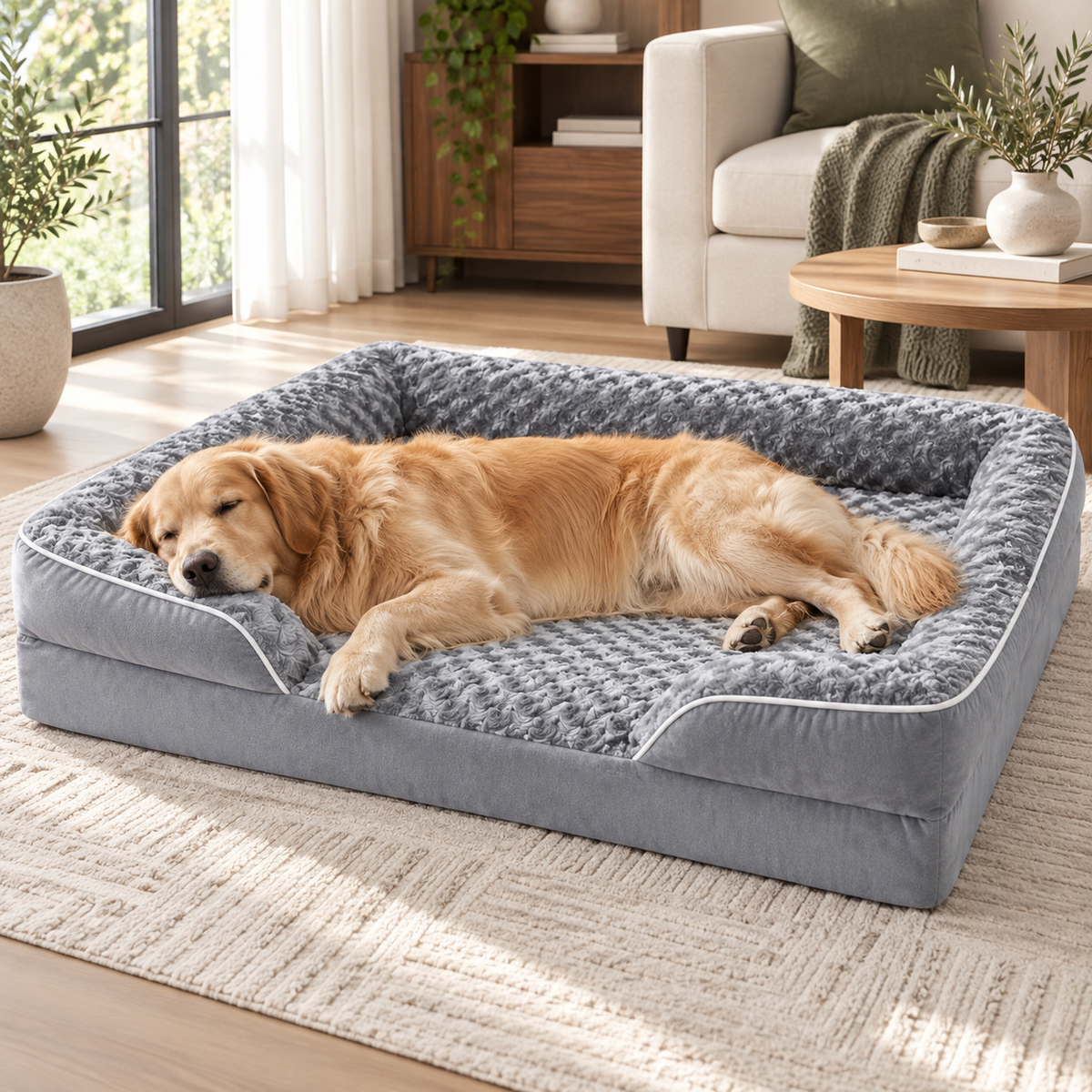 Panier sofa orthopédique pour chien grande race, golden retriever endormi allongé de tout son long dans un salon lumineux
