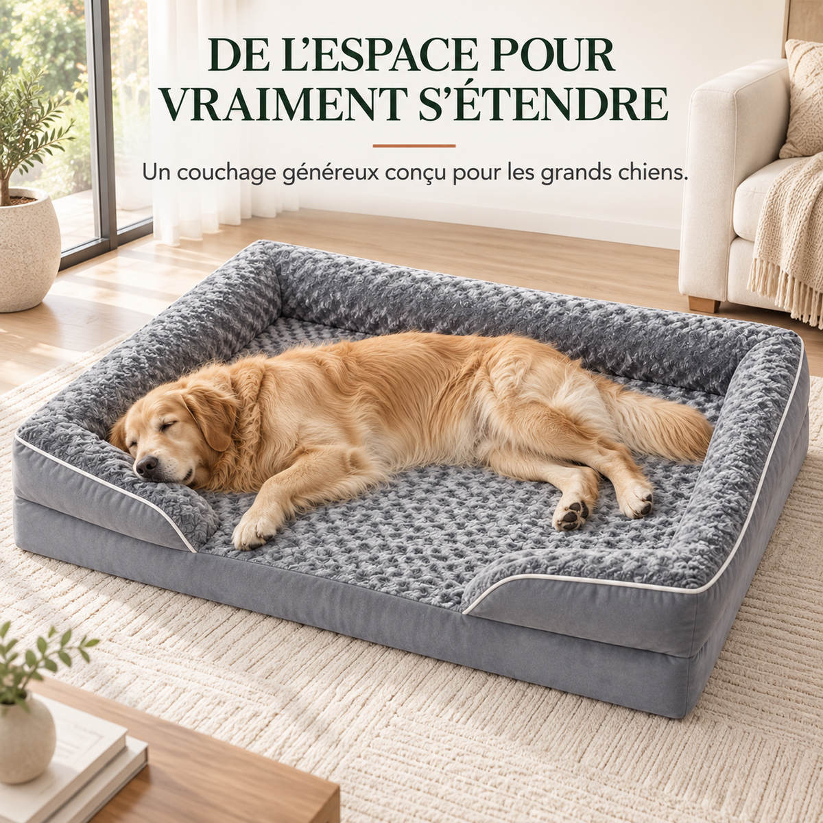 Golden retriever allongé de tout son long dans le panier orthopédique grand format, espace généreux pour s'étendre