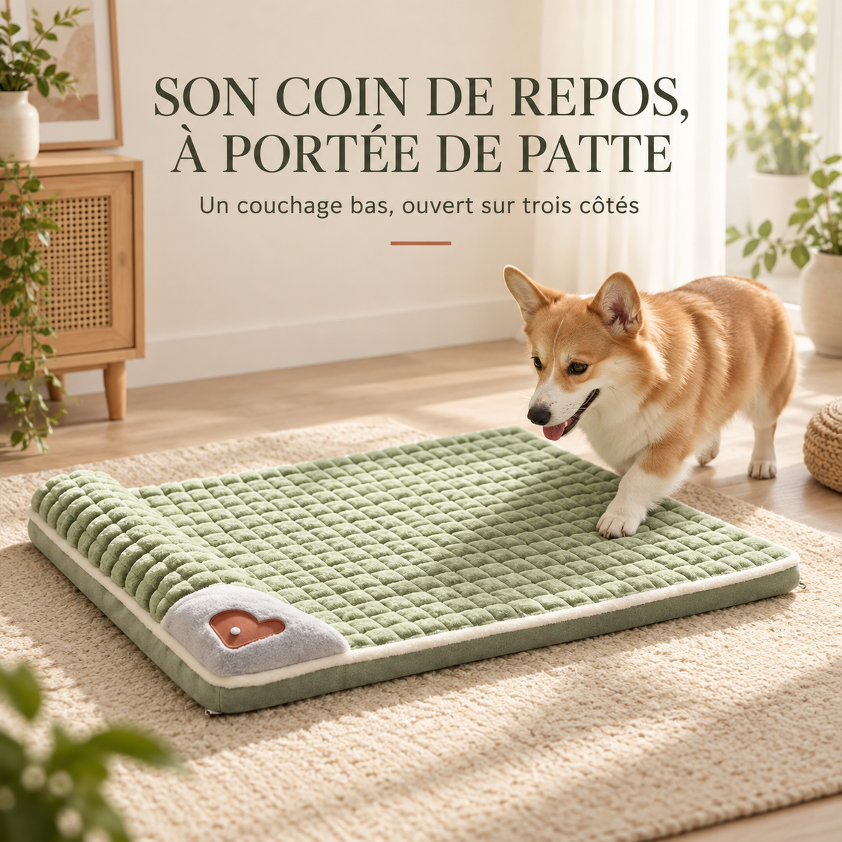 Corgi curieux découvrant le coussin orthopédique bas et ouvert sur trois côtés, salon lumineux