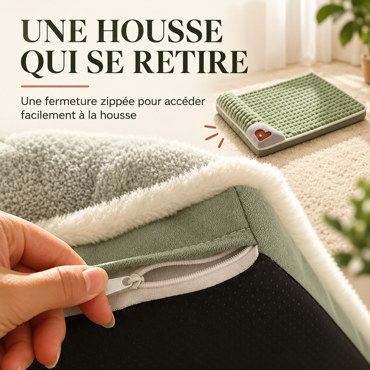 Fermeture zéppée du coussin orthopédique ouverte pour retirer la housse facilement