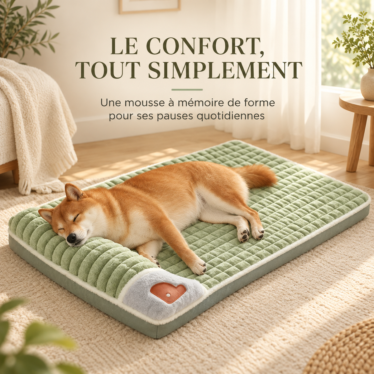 Shiba inu endormi sur le coussin orthopédique en mousse à mémoire de forme, chambre lumineuse