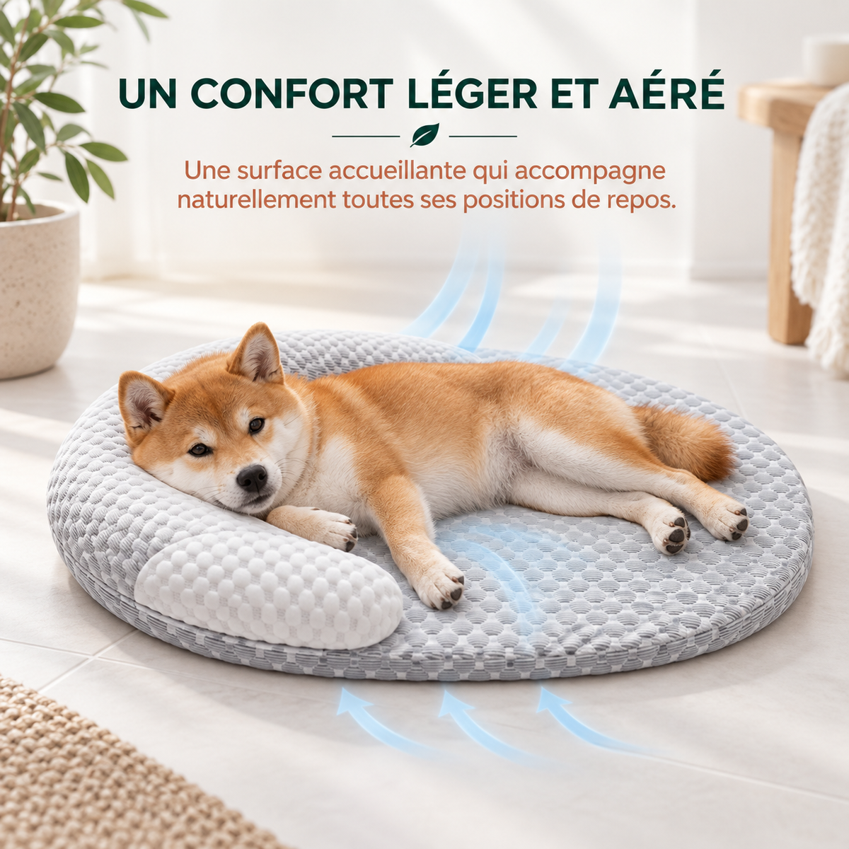 Shiba inu installé confortablement sur le panier Ice Silk, surface légère et aérée