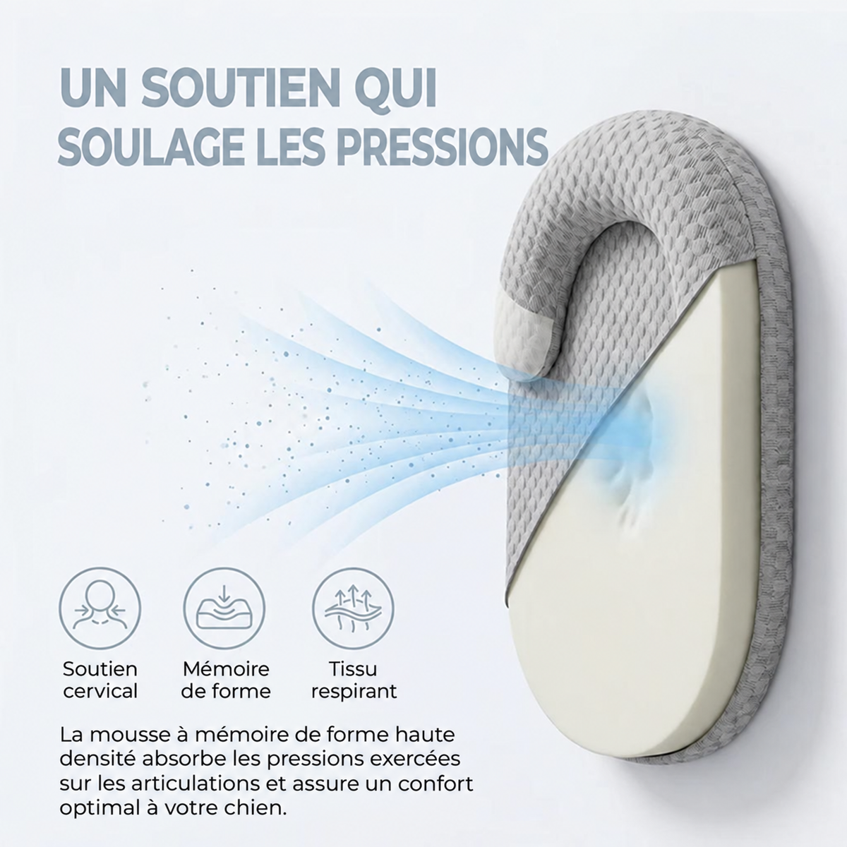 Coupe du panier Ice Silk montrant la mousse à mémoire de forme qui absorbe les pressions, soutien cervical