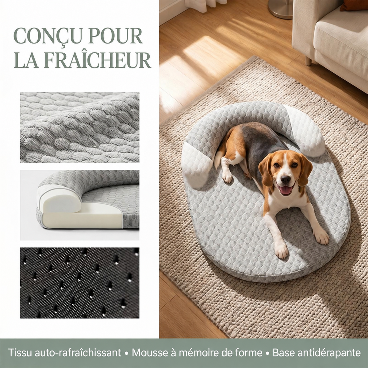 Détails du panier Ice Silk : texture respirante, coupe montrant la mousse, base antidérapante, beagle installé dedans