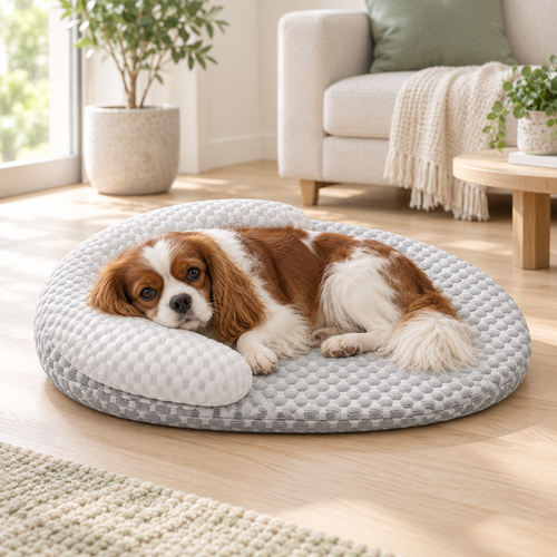 Panier ovale rafraîchissant Ice Silk gris clair, cavalier king charles lové dedans dans un salon lumineux