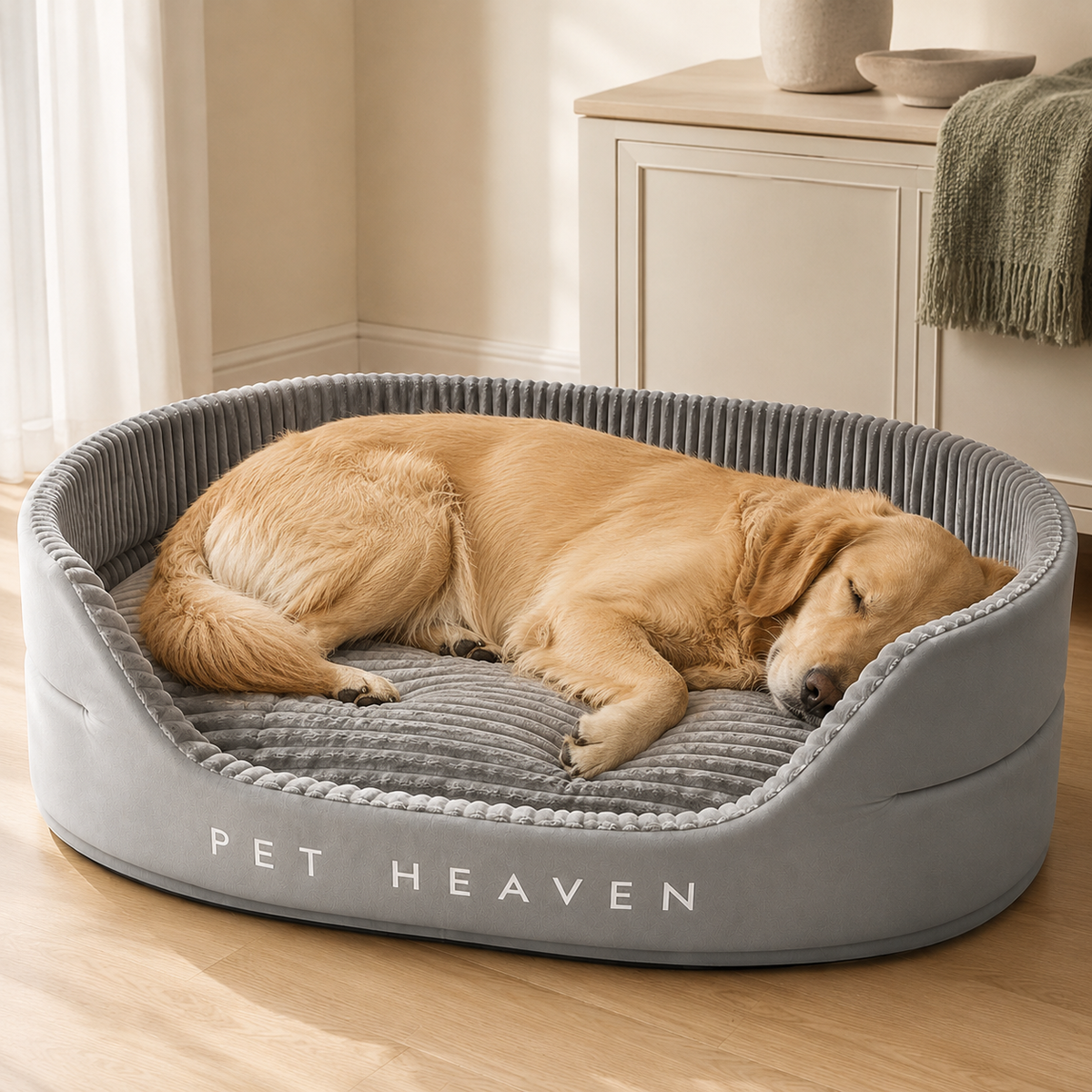 Chien endormi dans le panier ovale en velours côtelé, dans une chambre cosy