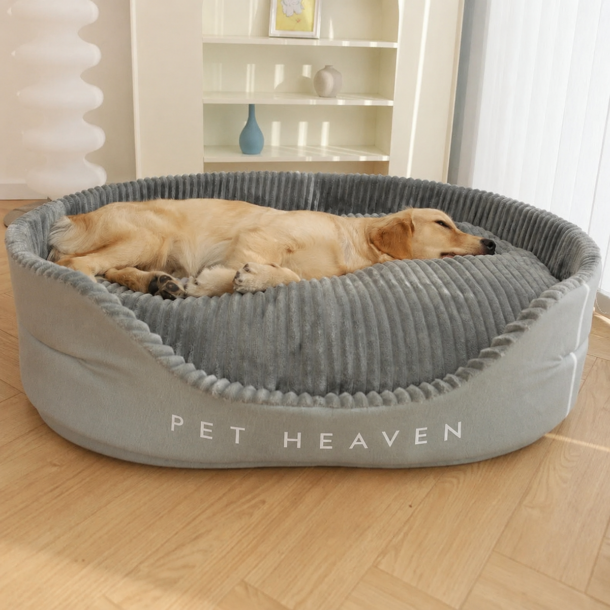 Chien endormi dans le panier ovale en velours côtelé PaniHome, dans un salon lumineux