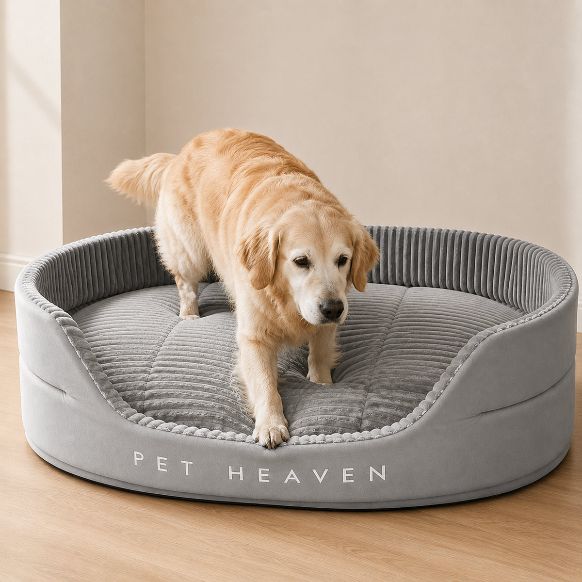 Chien s'installant dans le panier ovale en velours côtelé PaniHome