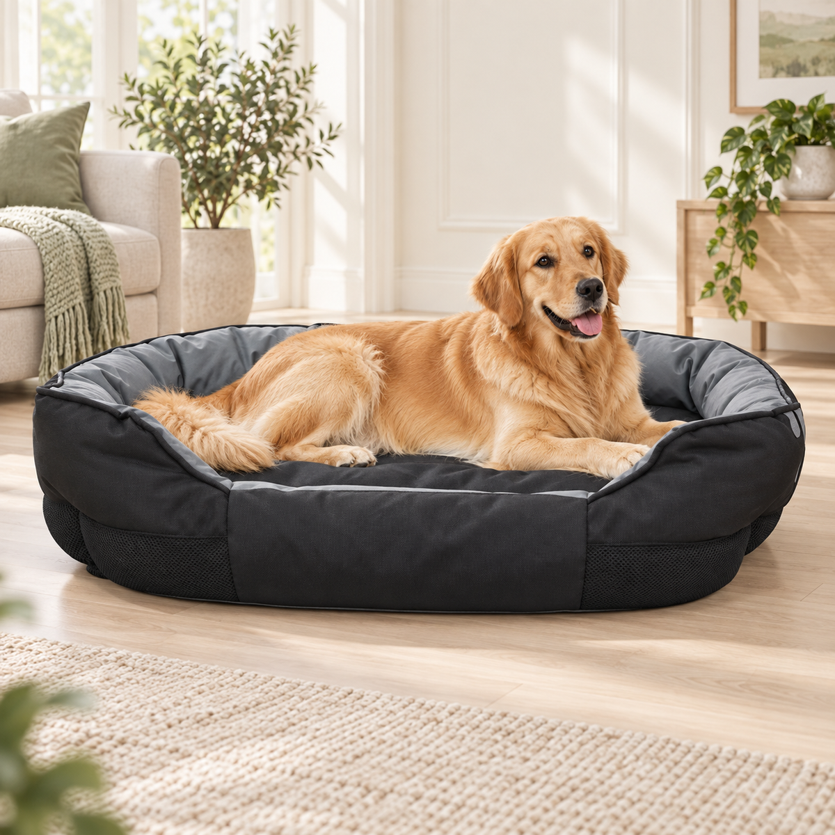 Golden retriever installé dans le panier Oxford noir et gris, dans un salon lumineux