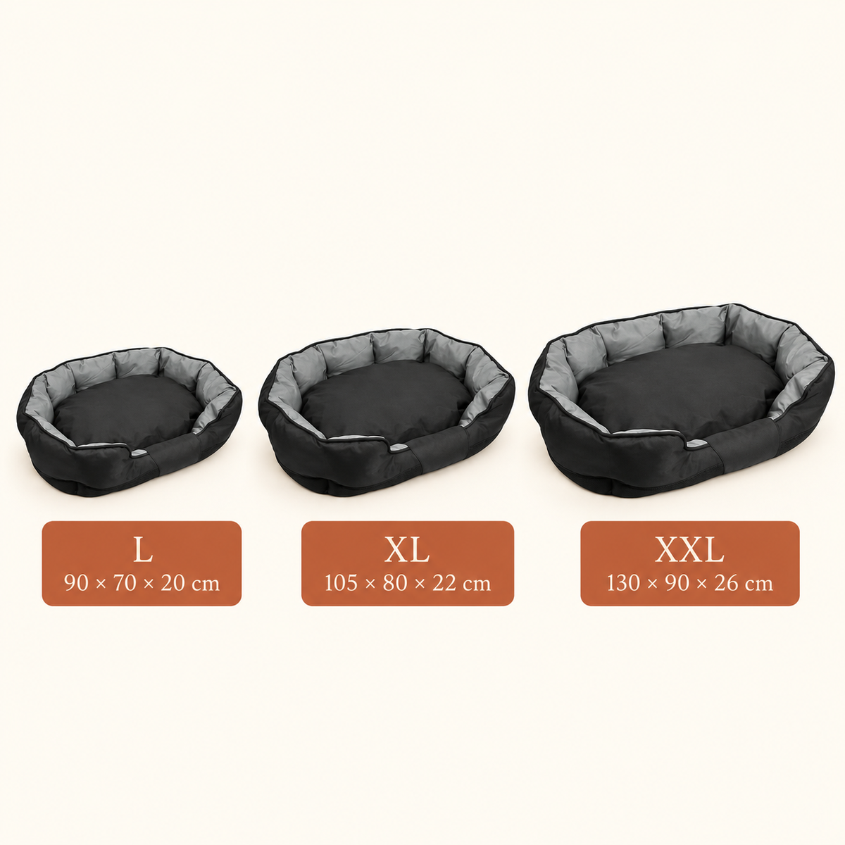 Comparatif des 3 tailles du panier Oxford impermeable pour chien : L, XL, XXL