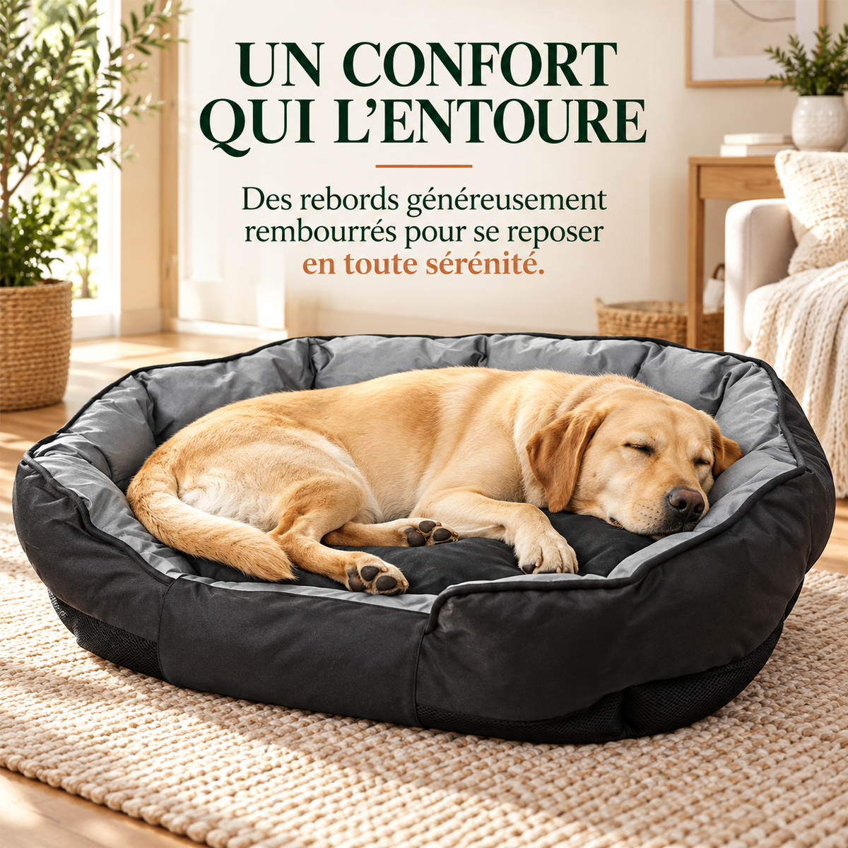 Labrador endormi lové dans les rebords généreusement rembourrés du panier Oxford