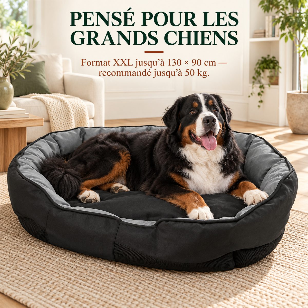 Chien de montagne bernois adulte installé dans le panier Oxford format XXL, jusqu'à 130x90cm et 50kg